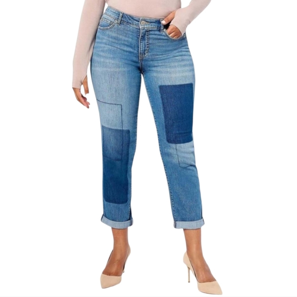 LOGO Lori Goldstein Shadow Patch Boyfriend Jean Stretch Medium Wash Stylish 18WP